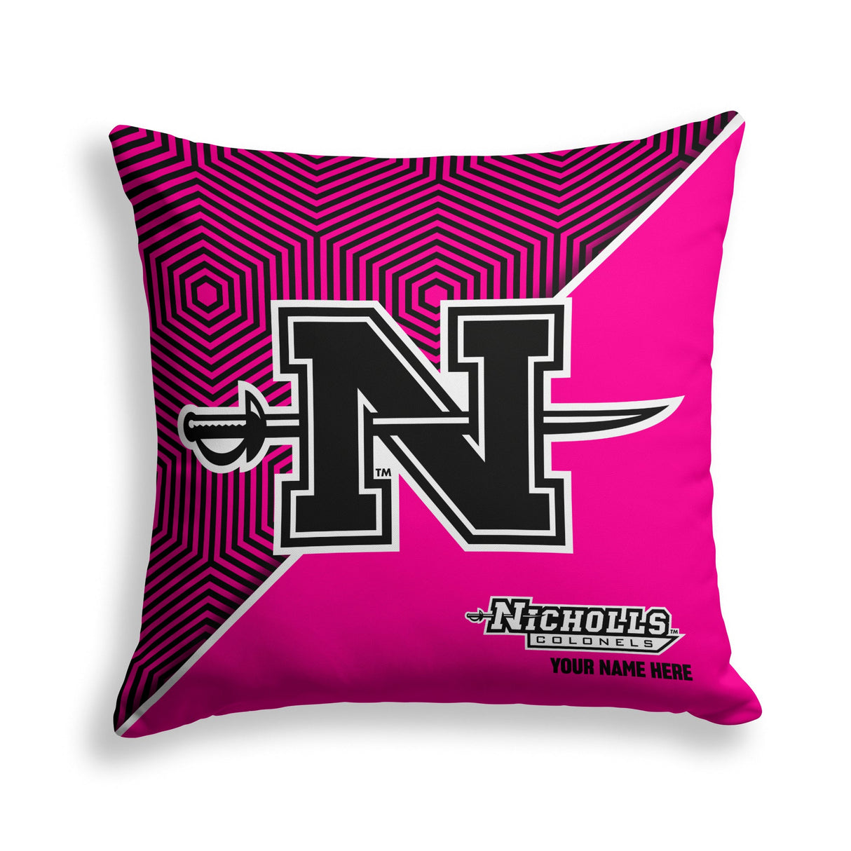 Pixsona Nicholls State Colonels Pink Implosion Throw Pillow | Personalized | Custom